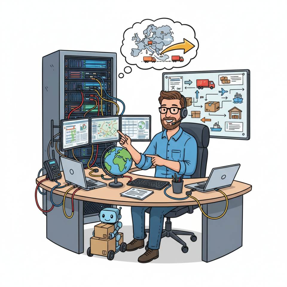 Comic-Darstellung eines Disponenten am Leitstand mit Tourenplan, Bildschirmen und Lkw-Symbolen