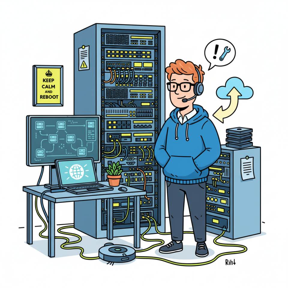 Comic-Darstellung eines IT-Administrators vor Server-Racks mit Laptop und Netzwerkdiagramm