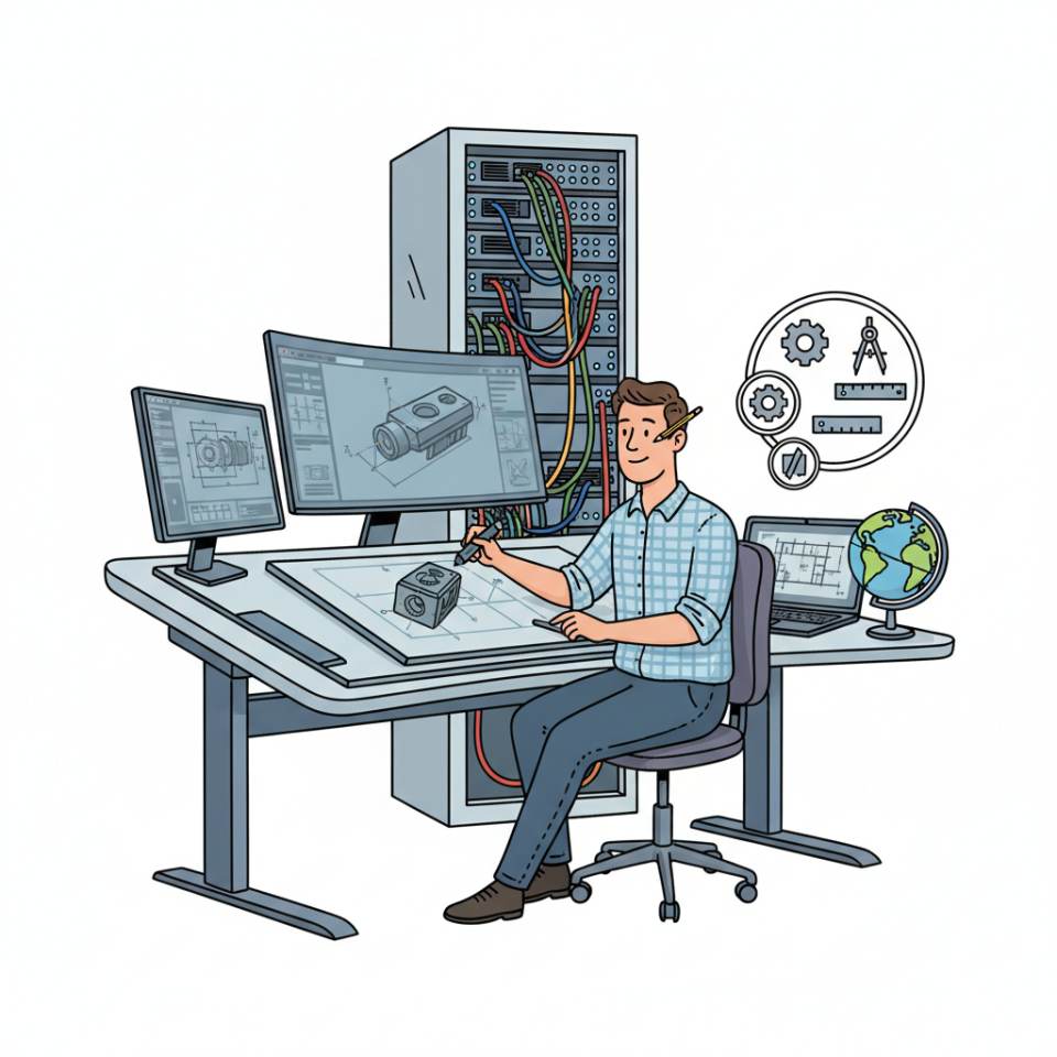 Comic-Darstellung eines Technischen Zeichners am CAD-Arbeitsplatz mit technischen Zeichnungen und 3D-Modellen