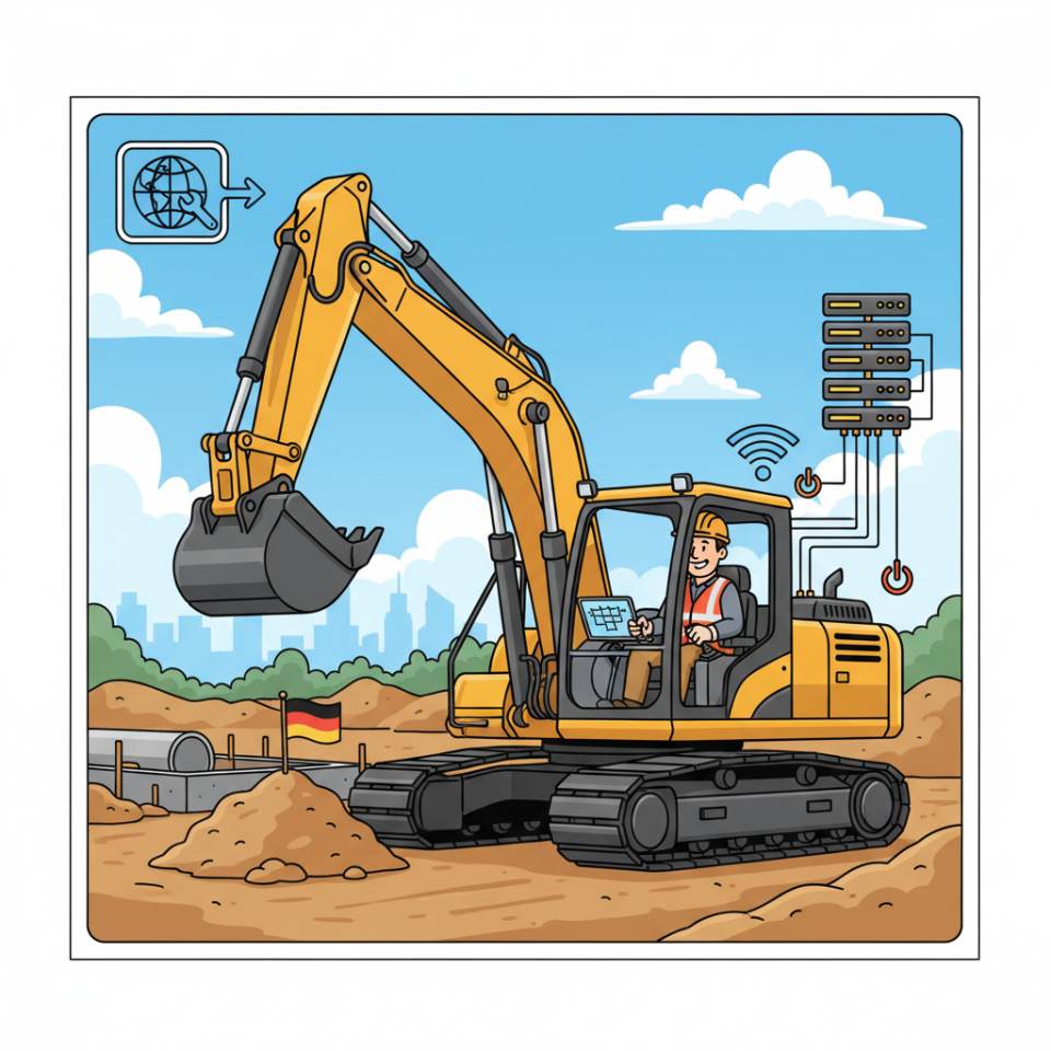 Comic illustration of an excavator operator in the cab of a hydraulic excavator on an earthworks site with excavation and pit