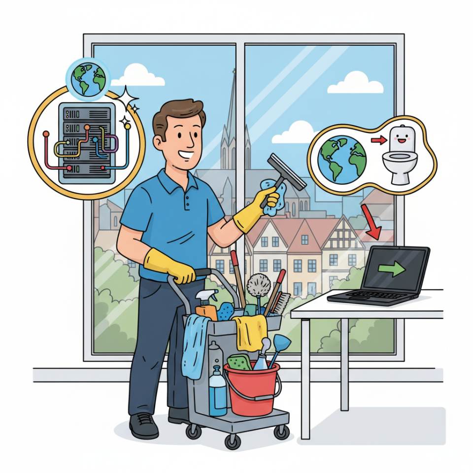 Comic illustration of a building cleaner with a cleaning trolley and mop in a bright office corridor