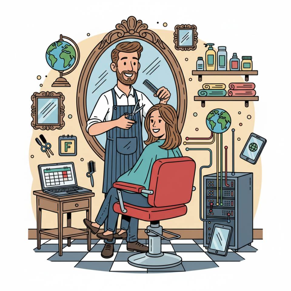 Ilustración tipo cómic de un peluquero cortando y peinando el cabello en un salón