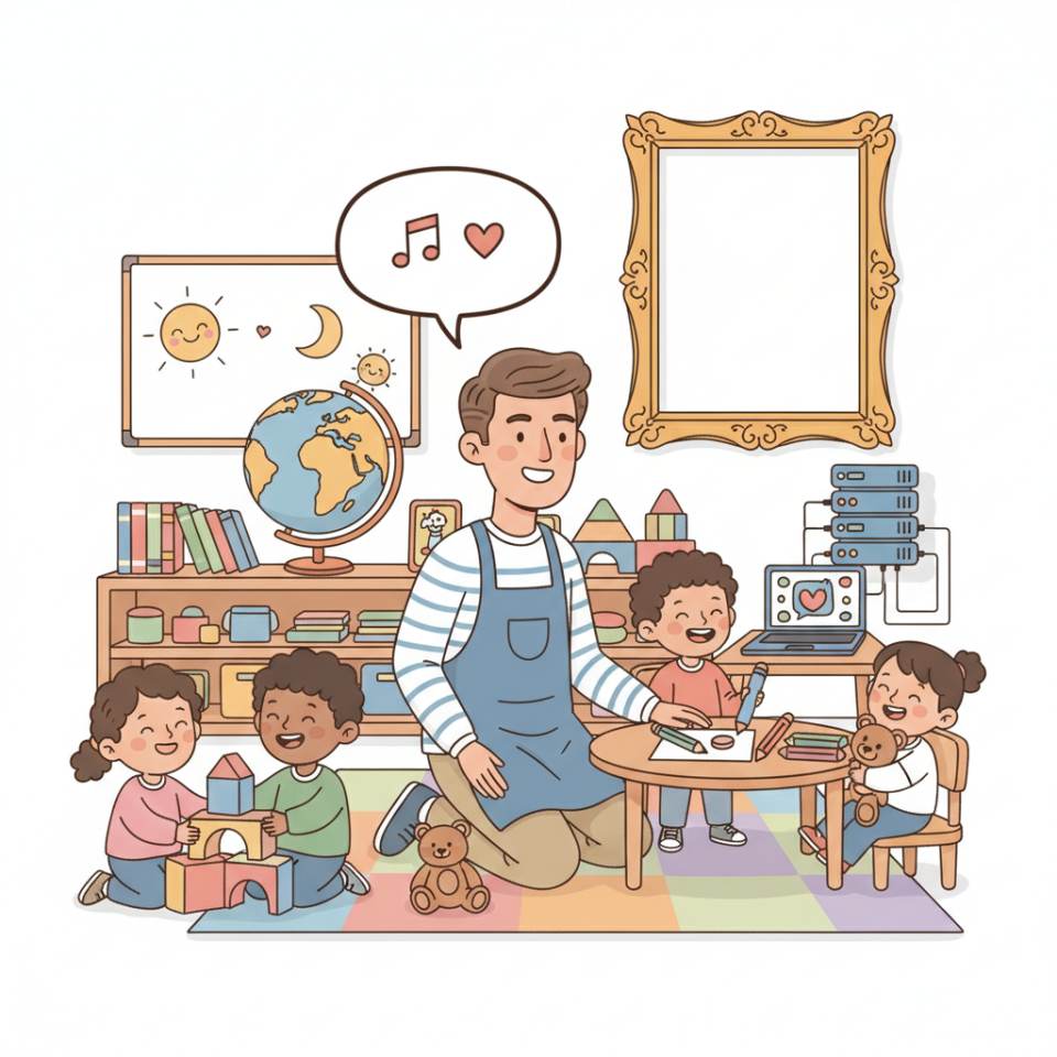 Комикс-изображение воспитателя с детьми во время совместной игры и рукоделия в детском саду